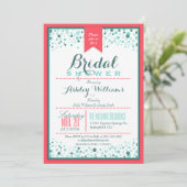 Elegantes Korallenrosa; Aqua Confetti Brautparty Einladung (Stehend Vorderseite)