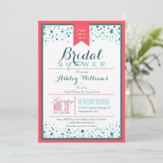 Elegantes Korallenrosa; Aqua Confetti Brautparty Einladung (Stehend Vorderseite)