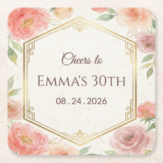 Elegantes Korallenrosa Blumiges Roségold Geburtsta Rechteckiger Pappuntersetzer