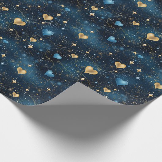 Elegantes kosmisches Herz in Blau und Gold Geschenkpapier (Ecke)