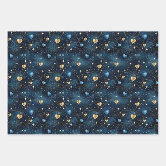 Elegantes kosmisches Herz in Blau und Gold Geschenkpapier Set (Vorderseite)
