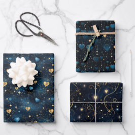 Elegantes kosmisches Herz in Blau und Gold Geschenkpapier Set