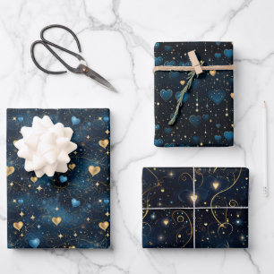 Elegantes kosmisches Herz in Blau und Gold Geschenkpapier Set