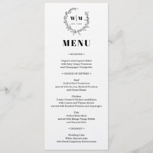 Elegantes Kranz-Monogramm-Hochzeitsmenü Einladung