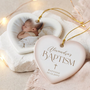 Elegantes Kreuz Baby Mädchen Taufe Rosa Herz Foto Keramik Ornament