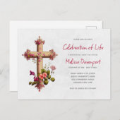 Elegantes Kreuz mit rosa Blume Einladung Postkarte (Vorne/Hinten)