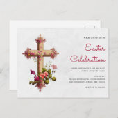 Elegantes Kreuz mit rosa Blume Osterfest Party Postkarte (Vorne/Hinten)