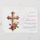 Elegantes Kreuz mit rosa Blume Ostern Einladung (Vorne/Hinten)