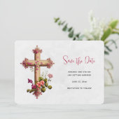 Elegantes Kreuz mit rosa Blume Save The Date (Stehend Vorderseite)