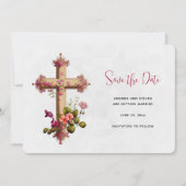 Elegantes Kreuz mit rosa Blume Save The Date (Vorderseite)