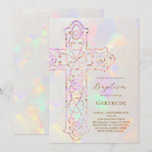 elegantes Kreuz Opal Design Taufe Einladung