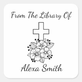 Elegantes Kreuz und Blume Personalisiertes Buchzei Quadratischer Aufkleber