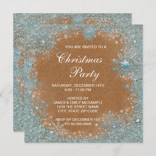 Elegantes Kupfer Aquamarin Blue Snowflake Weihnach Einladung (Vorne/Hinten)