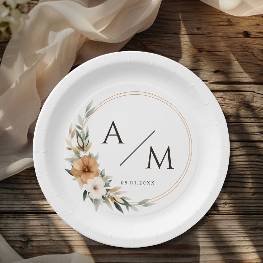 Elegantes Kupfer-Monogramm Botanisch-Erdige Hochze Pappteller