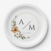 Elegantes Kupfer-Monogramm Botanisch-Erdige Hochze Pappteller (Vorderseite)
