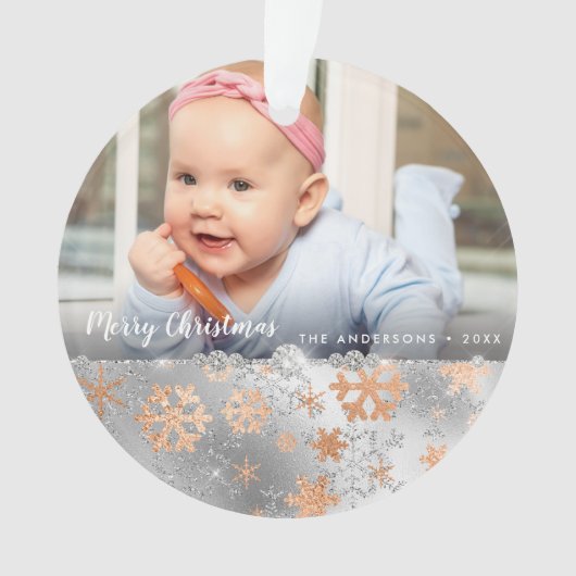 Elegantes Kupfersilber-Schneeflocken-Foto Ornament (Vorderseite)