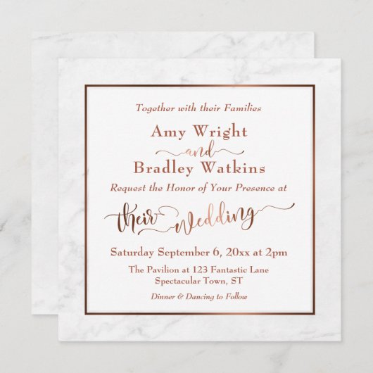 Elegantes Kupferskript mit weißem Marmor | Hochzei Einladung (Vorne/Hinten)