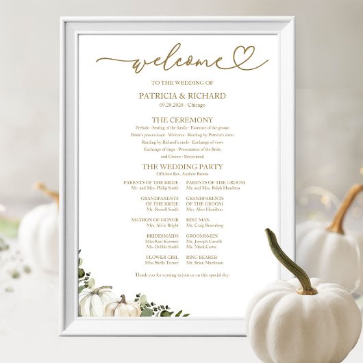 Elegantes Kürbisgrün Herbst-Hochzeitsprogramm-Schi Poster