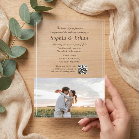 Elegantes Kursiv-Schrift-Foto-QR-Code Acryleinladungen