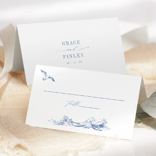 Elegantes Küsten-Chic Blau Hochzeit Platzkarte