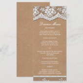 Elegantes Lace & Rustic Craft Paper Slim Dinner Me Menükarte (Vorne/Hinten)