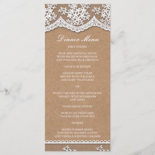 Elegantes Lace & Rustic Craft Paper Slim Dinner Me Menükarte (Vorderseite)
