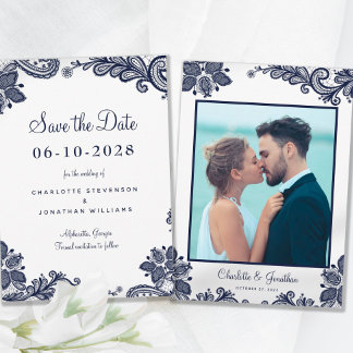 Elegantes Lace Wedding Verlobung Foto Blue White Save The Date