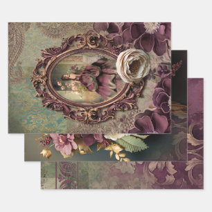 Elegantes Lady Portrait, Blumen- und Demasepapier Geschenkpapier Set