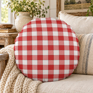 Elegantes Landpicknick Weiß Rot Kariert Rundes Kissen