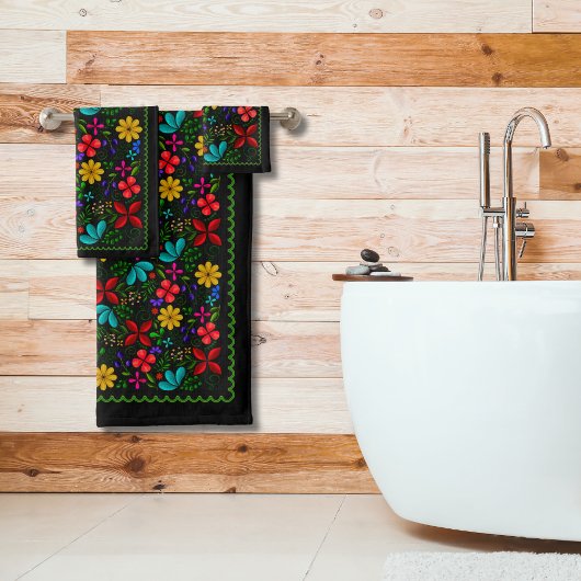 Elegantes lateinamerikanisches Volksflor | Schwarz Badhandtuch Set