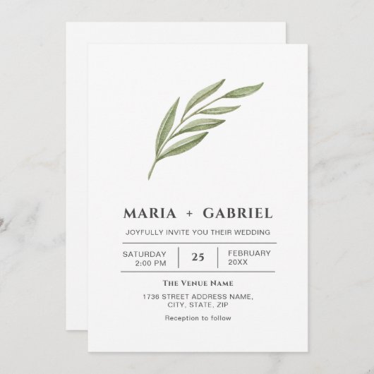 Elegantes Laub. Moderne Hochzeit Einladung (Vorne/Hinten)