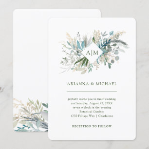 Elegantes Laub   Monogramm-Hochzeit Einladung