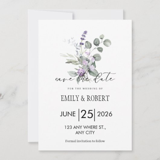 Elegantes Lavendel-Blumen-Minimalist-Save-the-Date (Vorderseite)