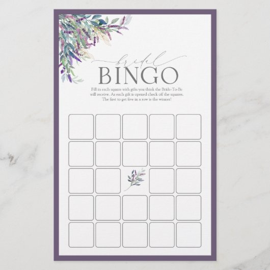 Elegantes Lavendel Brautparty Bingo Game (Vorderseite)