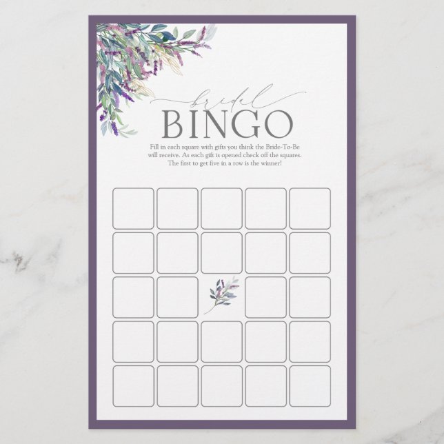 Elegantes Lavendel Brautparty Bingo Game (Vorderseite)