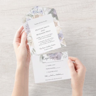 Elegantes Lavendel-, Elfenbein- und Blau-Blumen Al All In One Einladung