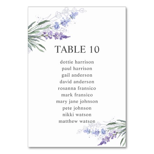 Elegantes Lavendel-Tischnummer Seating Chart Tischnummer (Rückseite)