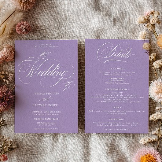 Elegantes LavendelScript in einer Hochzeit Einladung