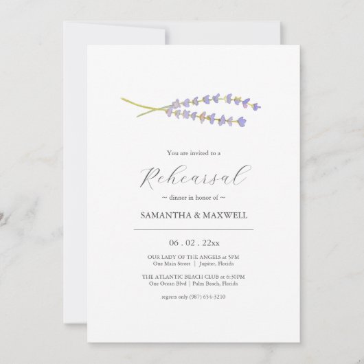 Elegantes Lavender Blume Probe Abendessen Einladung (Vorderseite)