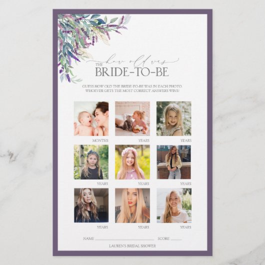 Elegantes Lavender Floral Brautparty Game (Vorderseite)