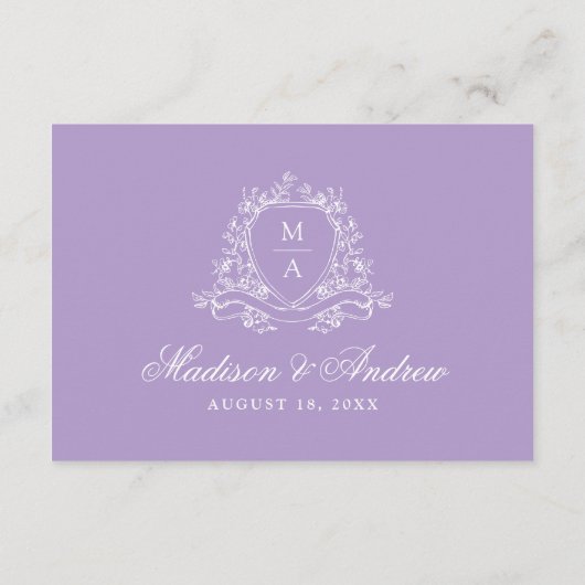 Elegantes Lavender Floral Wappen Hochzeitsempfang Begleitkarte (Rückseite)