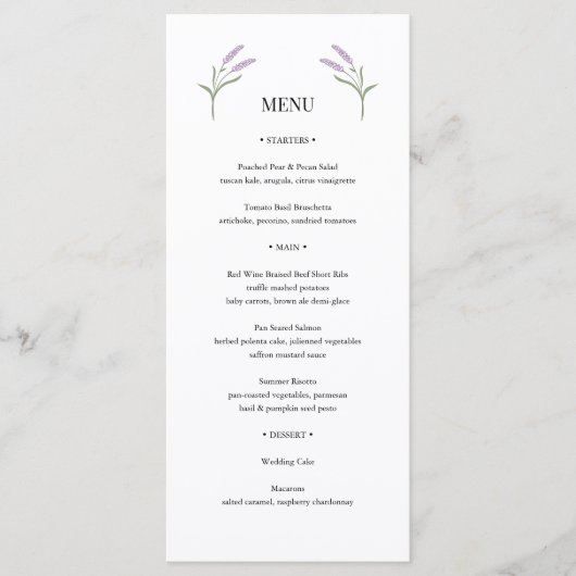 Elegantes Lavender Floral Wedding Menu Menükarte (Vorderseite)