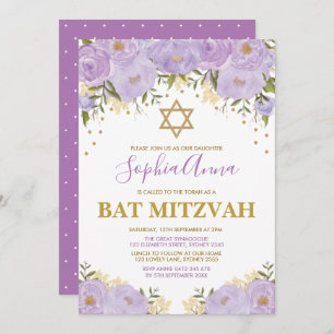 Elegantes Lavender & Gold Floral Bat Mitzvah Einladung