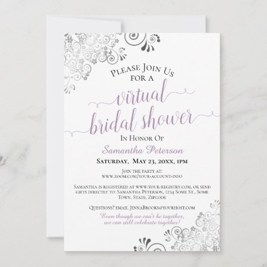 Elegantes Lavender Gray White Virtual Brautparty Einladung (Vorderseite)