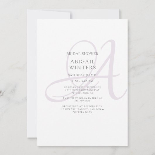 Elegantes Lavender Initial Brautparty Einladung (Vorderseite)