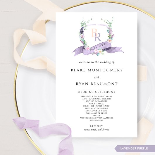 Elegantes Lavender Lila Monogram Wedding Program