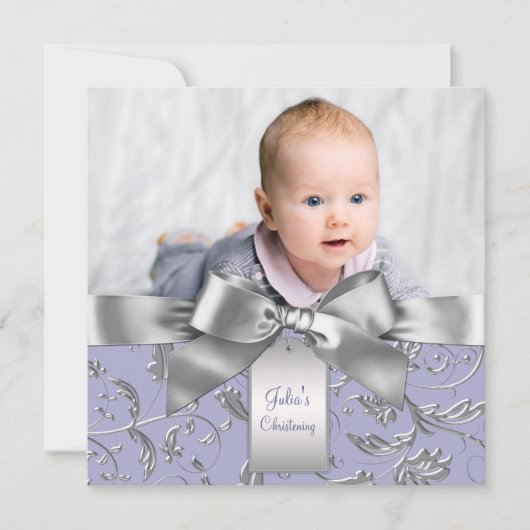 Elegantes Lavender Lila und Gray Christening Einladung (Vorderseite)