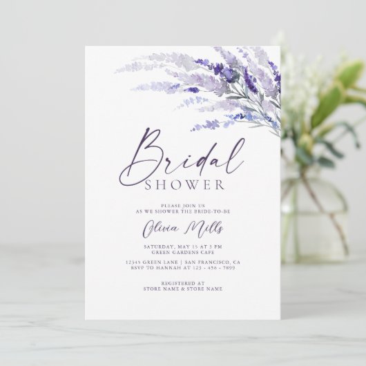 Elegantes Lavender Mauve Dusty Lila Brautparty Einladung (Stehend Vorderseite)