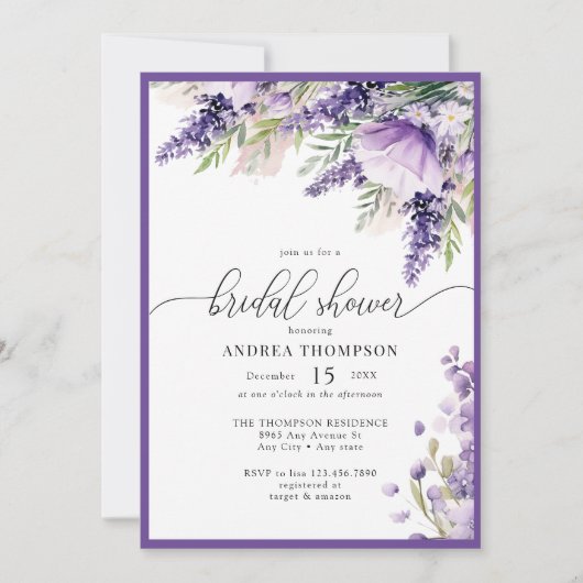 Elegantes Lavender Purple Flowers Brautparty Einladung (Vorderseite)