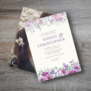 Elegantes Lavender Watercolor Foto Hochzeit Einladung